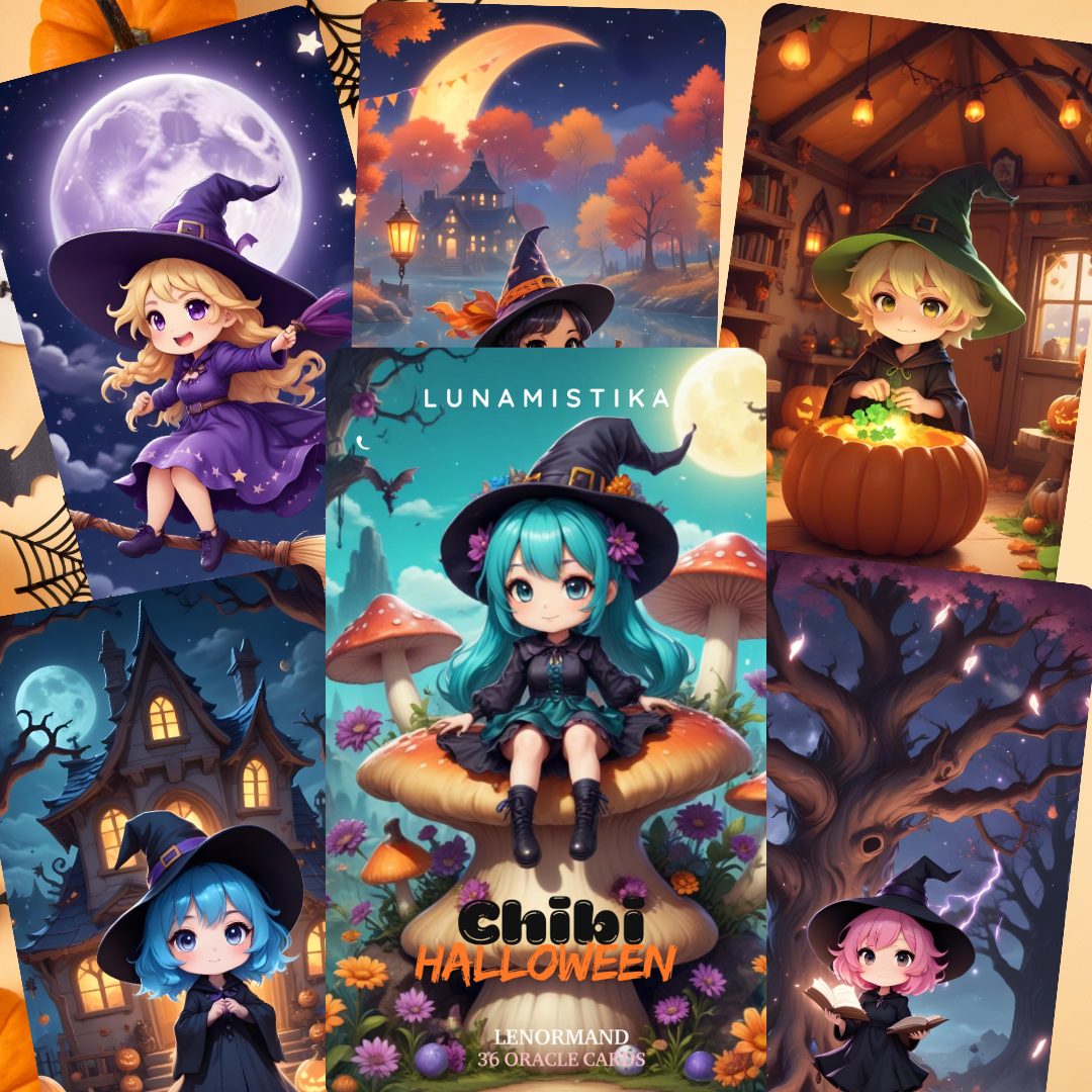 Chibi Halloween Lenormand, oráculo 36 ilustraciones con temática de Halloween inspiradas en el mundo anime.