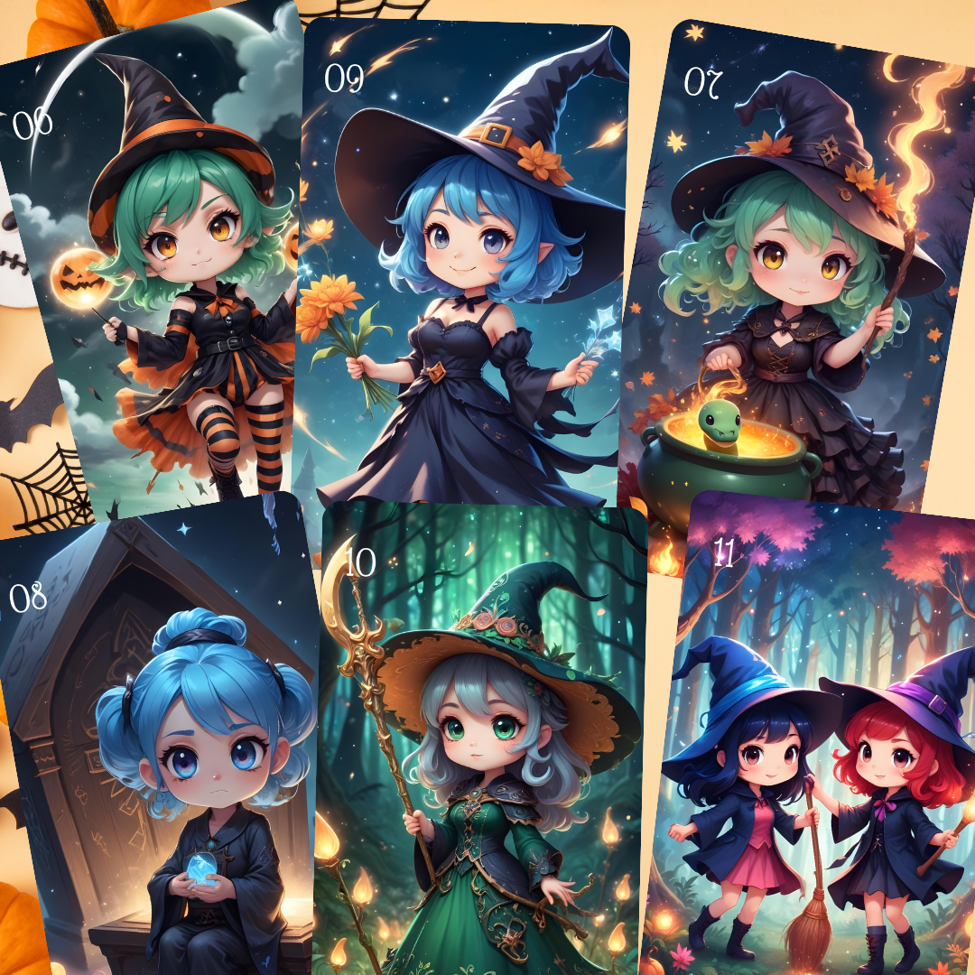 Chibi Halloween Lenormand, oráculo 36 ilustraciones con temática de Halloween inspiradas en el mundo anime.