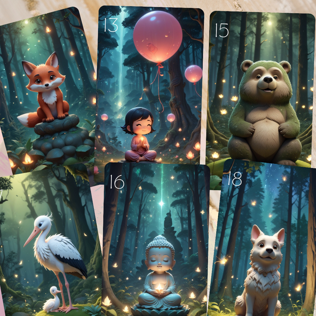 Samsara Lenormand, oráculo con 36 ilustraciones inspiradas en un encantador Buda en diferentes escenarios.