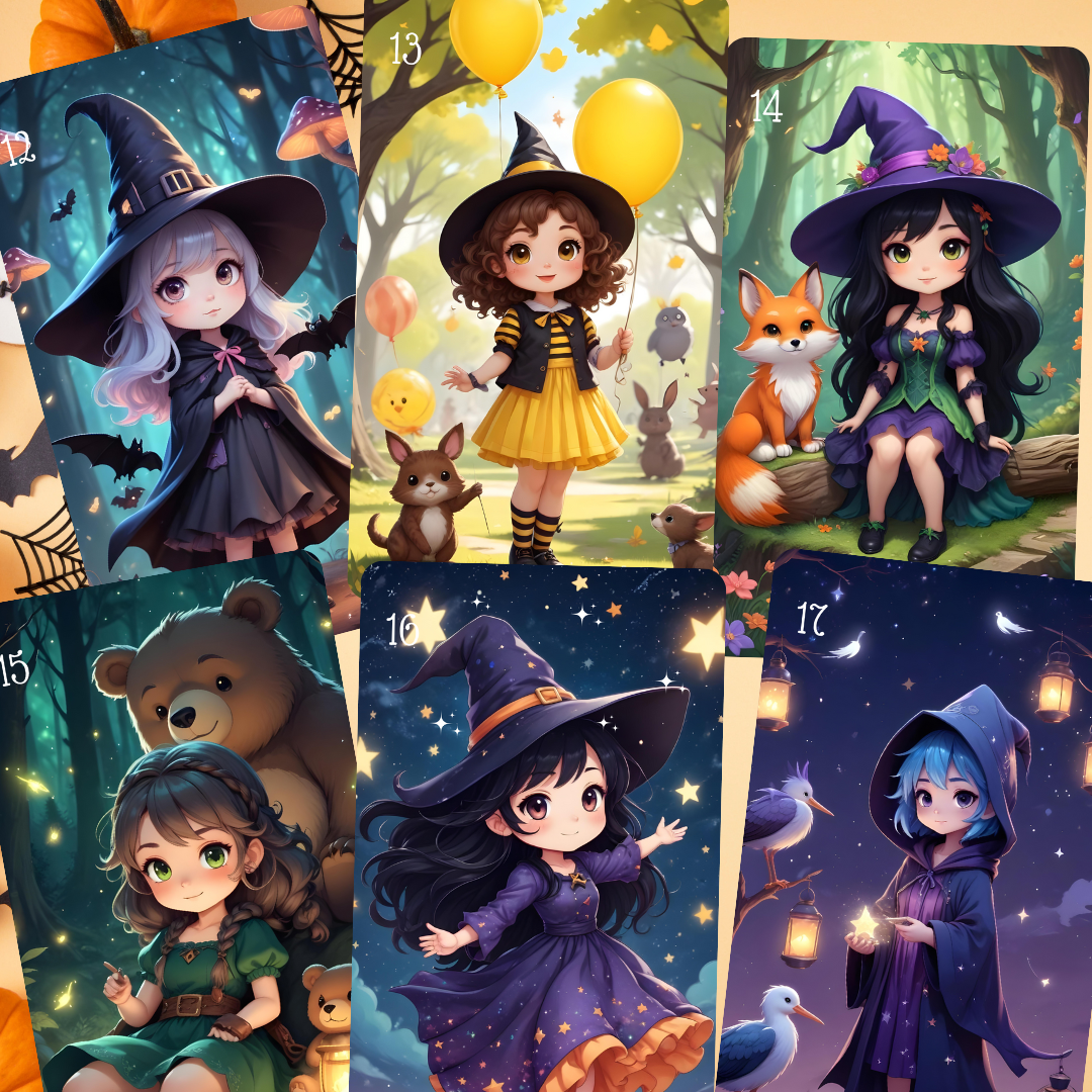 Chibi Halloween Lenormand, oráculo 36 ilustraciones con temática de Halloween inspiradas en el mundo anime.