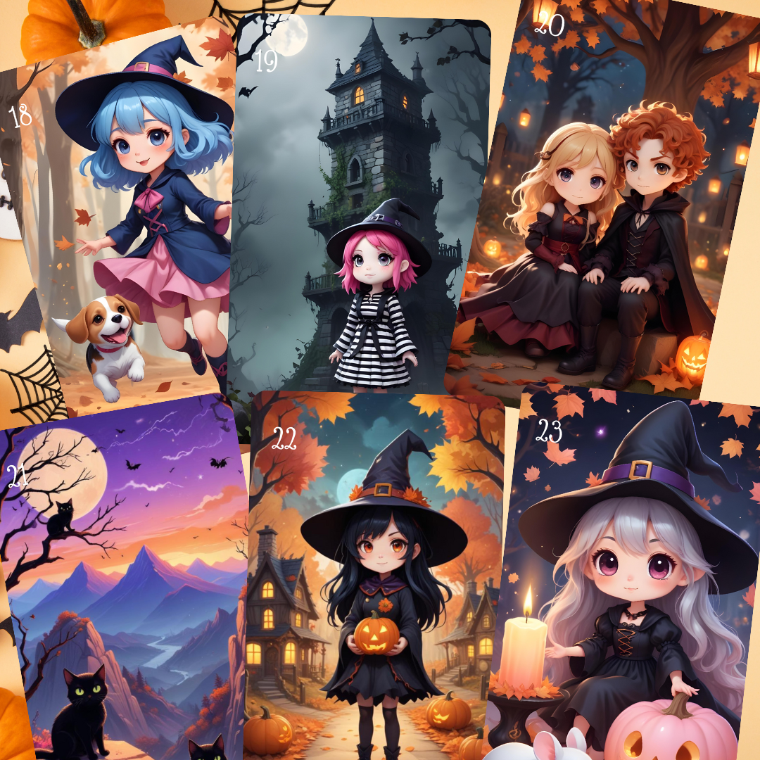 Chibi Halloween Lenormand, oráculo 36 ilustraciones con temática de Halloween inspiradas en el mundo anime.