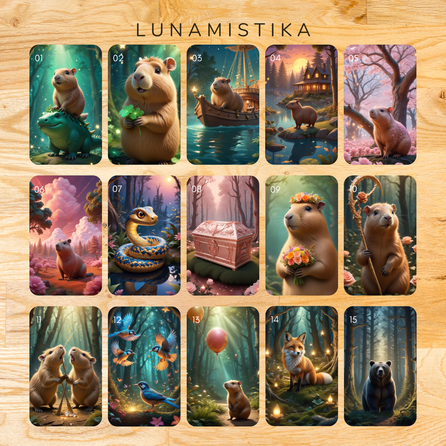 Capybara Lenormand, oráculo con 36 ilustraciones inspiradas en nuestros animales favoritos, capibaras!