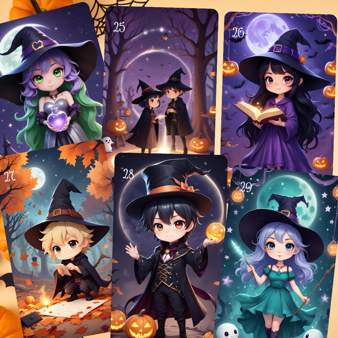 Chibi Halloween Lenormand, oráculo 36 ilustraciones con temática de Halloween inspiradas en el mundo anime.