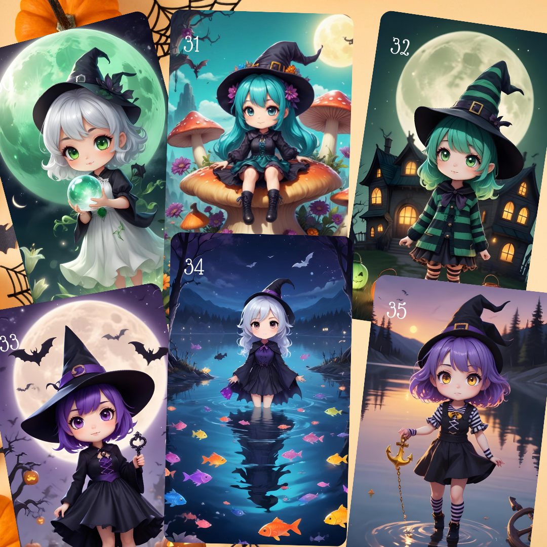 Chibi Halloween Lenormand, oráculo 36 ilustraciones con temática de Halloween inspiradas en el mundo anime.