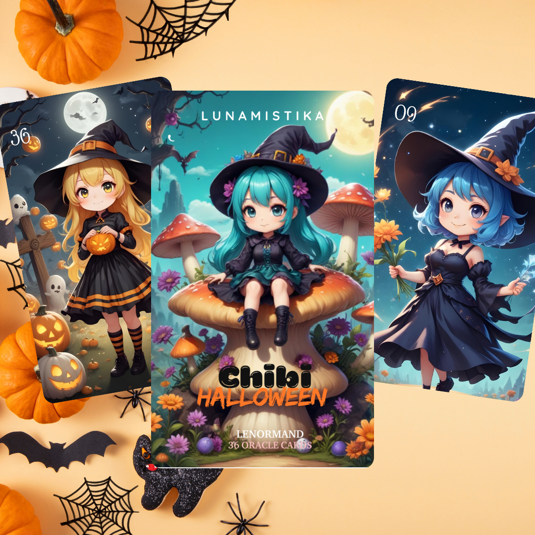 Chibi Halloween Lenormand, oráculo 36 ilustraciones con temática de Halloween inspiradas en el mundo anime.