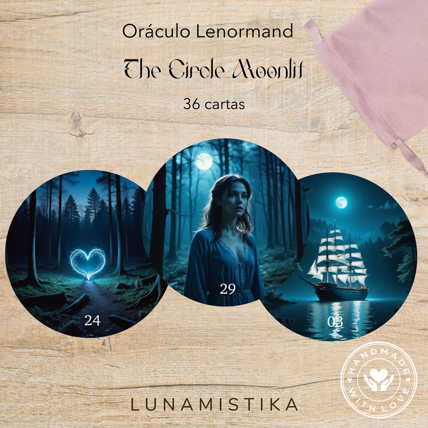 The Circle Moonlit Lenormand, oráculo con 36 ilustraciones redondas ambientadas bajo la luz de la Luna.